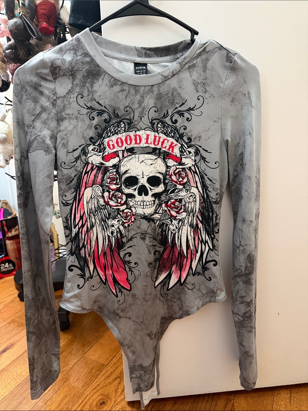 SHEIN Gray Tie-Dye Long Sleeve Top with Pink Skull & Wing Graphic